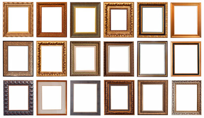 Frames baguettes gold silver set isolated on white background pattern.