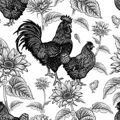 Seamless pattern with chicken, rooster, hen and sunflowers. Decorative background. © marinavorona