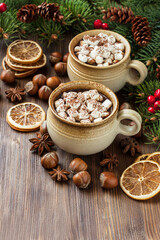 Christmas  hot drink  with  marshmallows on  wooden sufrace