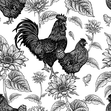Seamless pattern with chicken, rooster, hen and sunflowers. Decorative background.