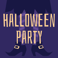 Halloween party banner with witch legs on violet background vector illustration.