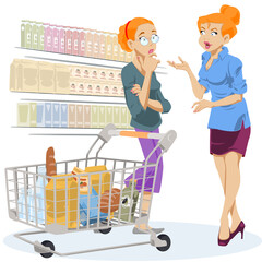 Beautiful girls chatting in supermarket. Picture concept for web page design.