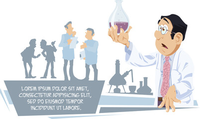 Scientist chemist analyzes laboratory flask. Funny people.