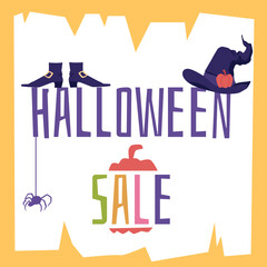 Fototapeta premium Halloween holiday sale poster with witch hat, shoes, spider