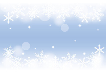 Fototapeta na wymiar クリスマス用輝く雪の結晶と柔らかい薄いブルーの背景イラスト