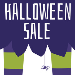 Halloween sale banner or poster design with spider, flat vector illustration.