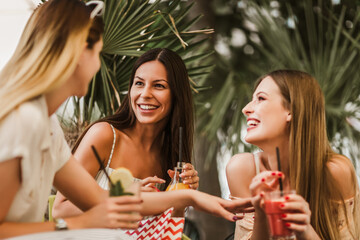Beautiful girls drinking cocktail in cafe and having fun.