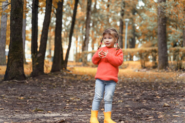 portrait of a beautiful little girl 4 years old in a red sweater in autumn