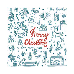 Merry Christmas doodle with all holiday objects. Hand drawn Christmas sketch. Isolated vector illustration