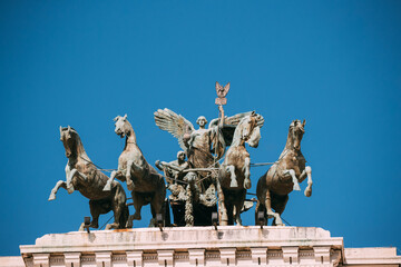 Rome, Italy. Great Bronze Quadriga On Summit Of Palace Of Justice - obrazy, fototapety, plakaty
