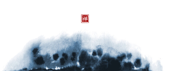Abstract blue ink wash painting in East Asian style. Grunge texture. Traditional Japanese ink painting sumi-e. Translation of hieroglyph - zen © elinacious