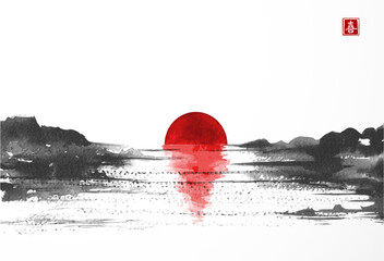 Landscape with lake view with big red sun in asian style hand drawn with sumi ink. Traditional oriental ink painting sumi-e, u-sin, go-hua. Translation of hieroglyph - zen © elinacious