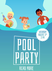 Pool party poster template with cartoon kids swimming