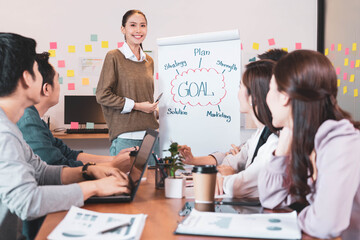 Focus on young asian businesswoman presenting the work,people group have discussion meeting in office.Man and woman have communication brainstorming and working.Business Startup Diversity Concept