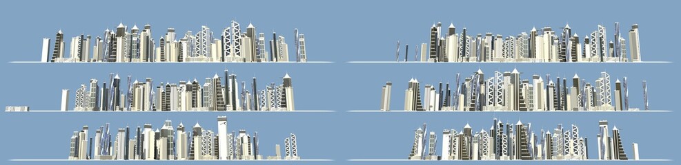 City success concept, set of 6 detailed renders of modern skyscrapers forming city skyline isolated on blue background - 3D illustration of objects