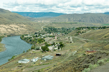 Fototapeta na wymiar Aerial view of the town of Ashcroft along the Thompson River in British Columbia, Canada