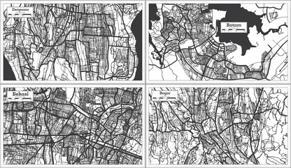 Batam, Bogor, Denpasar and Bekasi Indonesia City Maps in Black and White Color.
