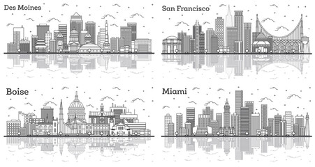 Outline San Francisco California, Miami Florida, Des Moines Iowa and Boise Idaho City Skylines with Modern Buildings and Reflections Isolated on White.