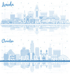 Outline Omaha and Lincoln Nebraska City Skylines with Blue Buildings and Reflections.