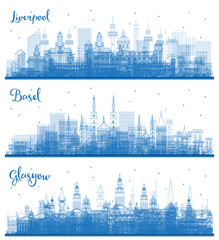 Outline Glasgow Scotland, Liverpool and Basel Switzerland Skylines with Blue Buildings.