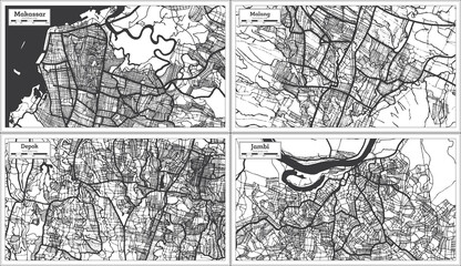 Depok, Malang, Makassar and Jambi Indonesia City Maps in Black and White Color.