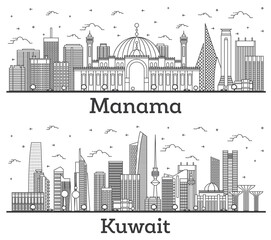 Fototapeta premium Outline Kuwait and Мanama Вahrain City Skylines with Modern Buildings Isolated on White.