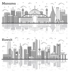 Outline Kuwait and Мanama Вahrain City Skylines with Modern Buildings and Reflections Isolated on White.