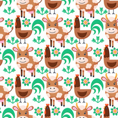 Obraz na płótnie Canvas Farm animals seamless pattern. Collection of cartoon cute baby animals. Cow, cock. Flat vector illustration isolated.