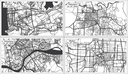 Pekanbaru, Palembang, Padang and Medan Indonesia City Maps in Black and White Color.