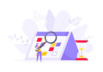 Calendar planning schedule business concept vector illustration. Tiny person with magnifier glass, big hourglass do working plan on day calendar and checks dates. Time management or deadline metaphor.