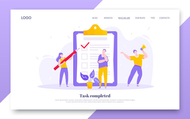 Online survey form business concept with tiny people with megaphone, pencil nearby giant clipboard complete checklist and check mark ticks flat style design vector illustration landing page template.