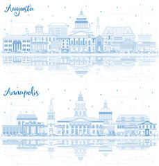 Outline Annapolis Maryland and Augusta Maine City Skylines with Blue Buildings and Reflections.