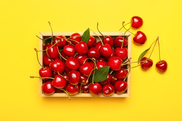 Tray with sweet cherry on color background