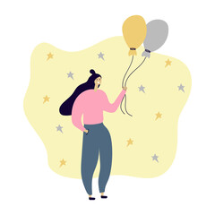 Girl smiles, holds balloons in her hands and goes to the birthday party. Flat illustration.