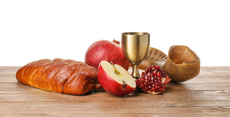 Composition for Rosh Hashanah (Jewish New Year) celebration on table against white background