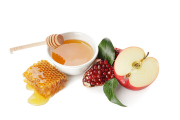Honey with fruits on white background. Rosh Hashanah (Jewish New Year) celebration