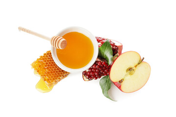 Honey with fruits on white background. Rosh Hashanah (Jewish New Year) celebration