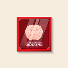VECTOR EPS10 - red emergency box and brain inside with text
in case of emergency break glass on front,
When you encounter problems use wisdom concept, isolated on cream background.