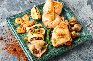 Plate of squid stuffed