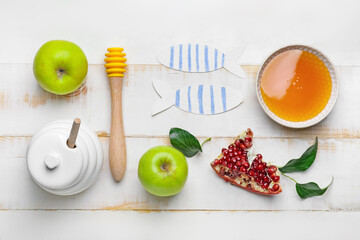 Composition for Rosh Hashanah (Jewish New Year) celebration on wooden background