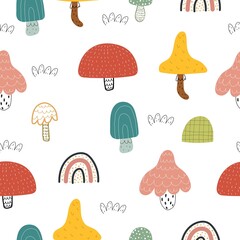 seamless pattern with mushrooms, decor elements. Forest, simple flat vector. hand drawing. design for fabric, print, wrapper