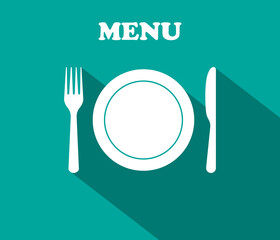 Fork, plate, knife - icons of lunch. Graphic decoration for menu of restaurant. Utensil for dinner. Cutlery for dish. Symbol of menu. Background for corporate banquet, cooking and kitchen. Vector