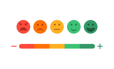 Feedback and level of satisfaction of customer. Survey with emoji on scale. Face icons with different mood. Sad and happy experience. Negative or positive emoticons of evaluation from users. Vector