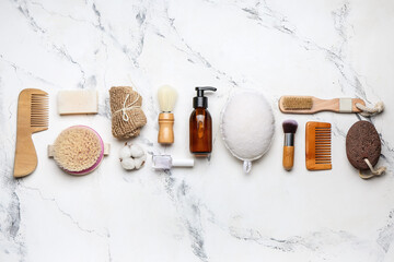 Natural bathing supplies on white background. Ecology concept