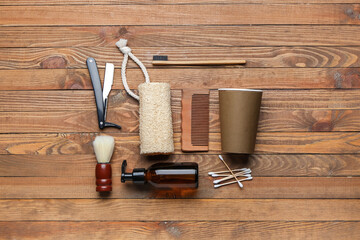 Natural bathing supplies on wooden background. Ecology concept