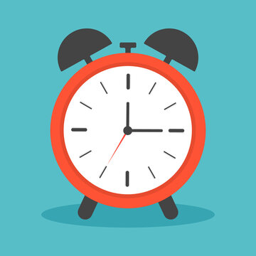 Clock alarm with ring. Icon of time and wake. Watch with shadow for bedroom. Morning deadline with alert. Red clock with face, timer and for bell for school or business in flat style. Vector
