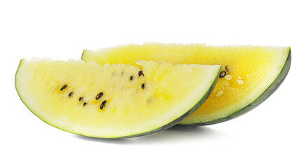 Fototapeta na wymiar Cut yellow watermelon on white background