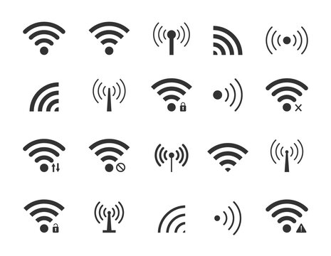 Icon wifi. Wireless signal from radio. Remote beacon for transmission of data. Symbol of connect to network with antenna. Sign of podcast and communication. Router and public safety internet. Vector