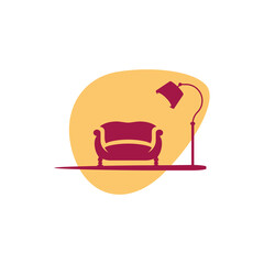 Icon of a sofa and a lamp. Vector symbol of a living room. 
