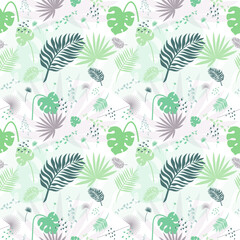 Seamless pattern, vector illustration, eps 10. Tropical plants, decorative leaves, stems, on a white background. Faded natural background, discreet. Registration of packaging, paper, textile, site.